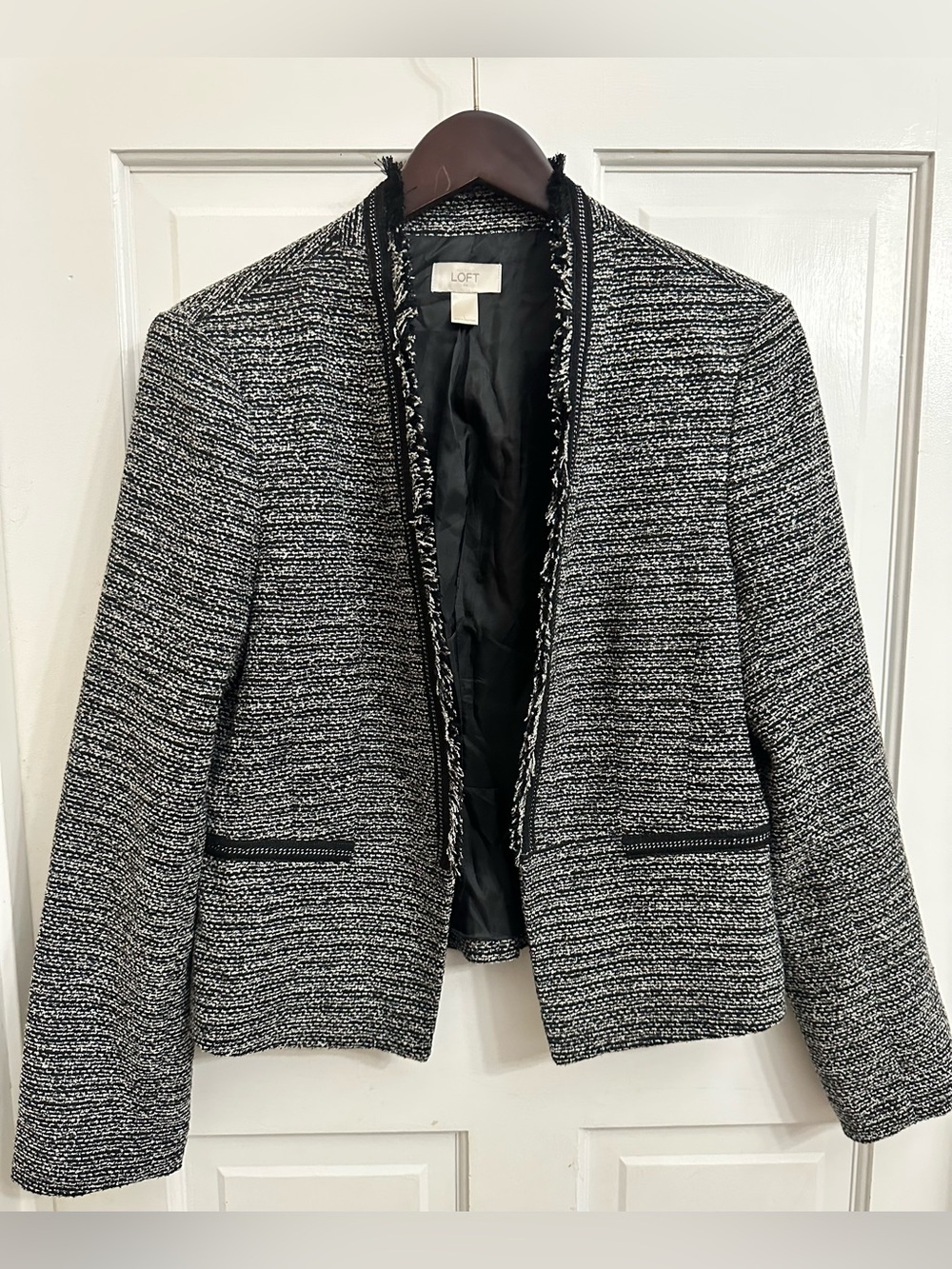 Loft Tweed Open Front Blazer with Chain Detail